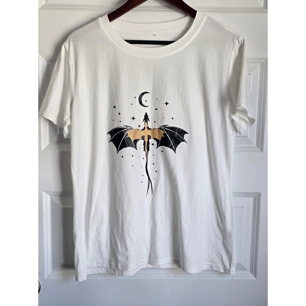 White TOG Celestial Dragon Graphic T-Shirt Short Sleeve Moon Star Fantasy Tee L